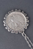 Walking Liberty Coin Half Dollar with Gemstone Border Pendant w/ Necklace