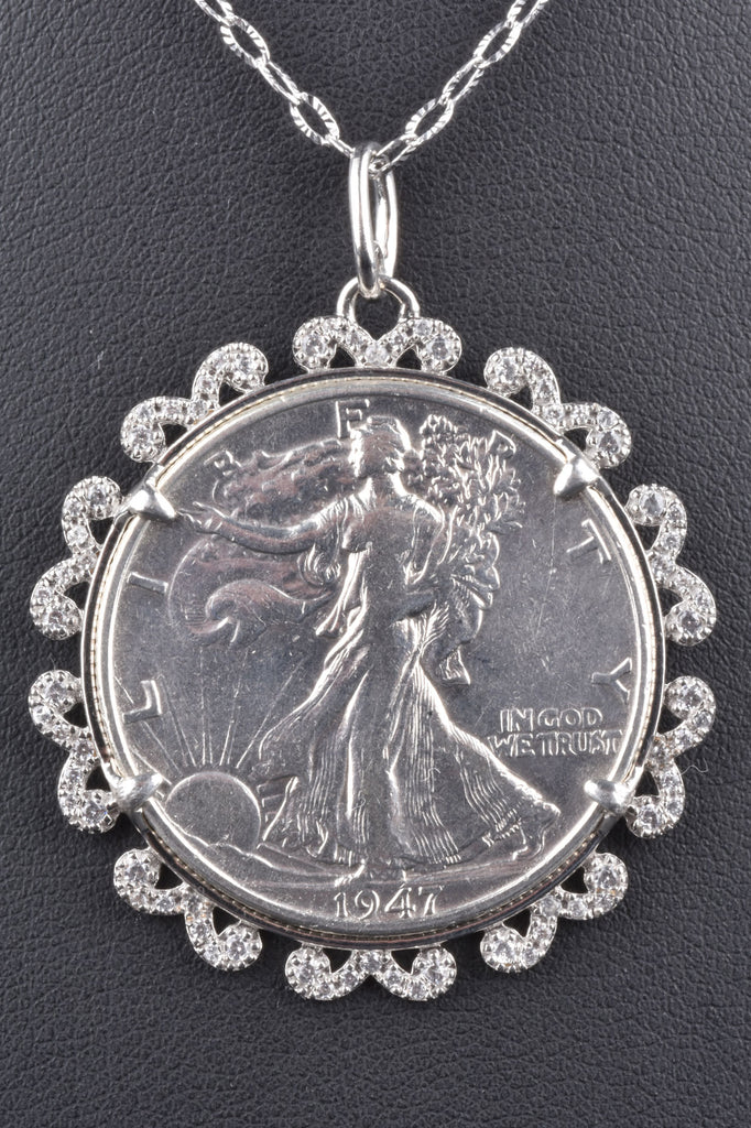 Walking Liberty Coin Half Dollar with Gemstone Border Pendant w/ Necklace