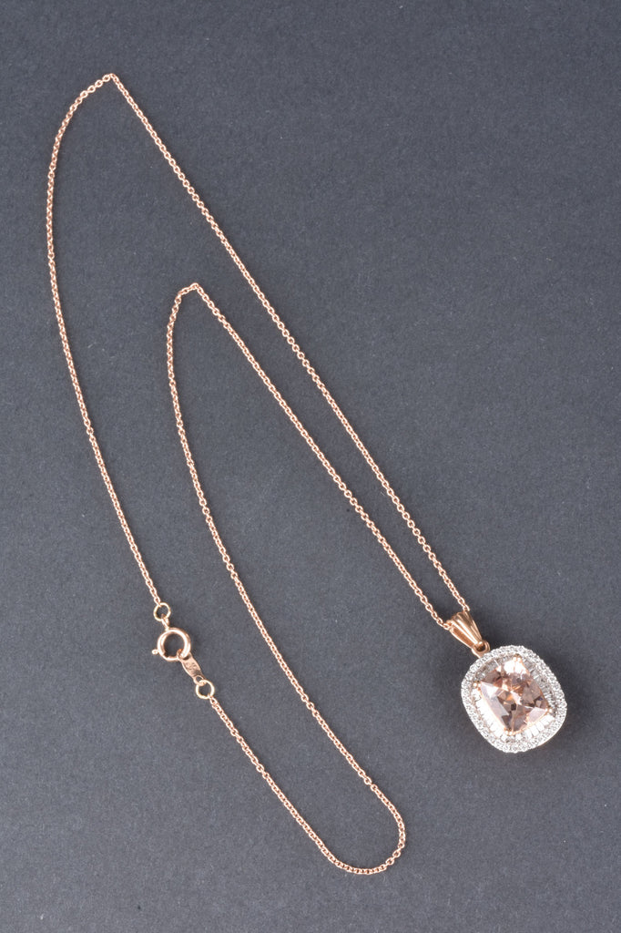14K Gold 3ct Morganite and Diamond Rectangular Pendant with Chain