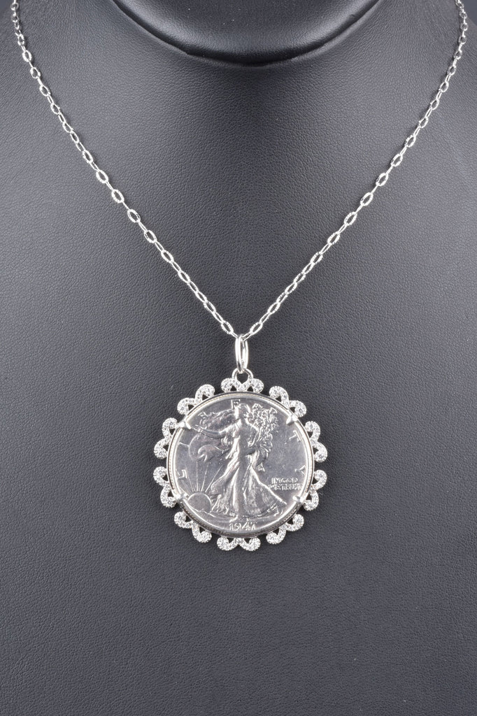 Walking Liberty Coin Half Dollar with Gemstone Border Pendant w/ Necklace
