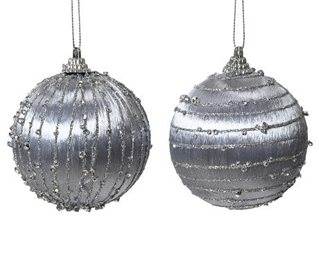 Jeweled Silver Glitter Lines Ornaments, Set of 12