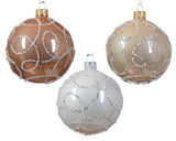 Sparkling Rose Pearl and White Curve Design European Glass Ornaments, Set of 6