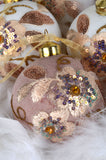 3'' Blush and Winter White Embroidered Flowers Glass Ornaments, Set of 6