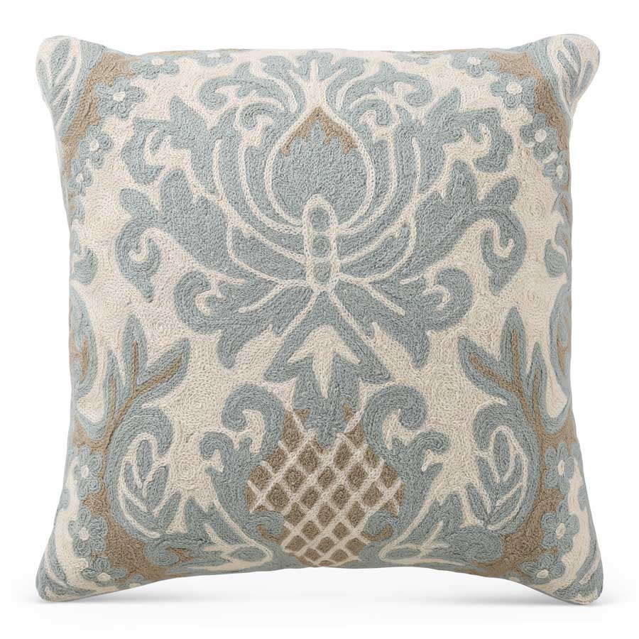 Aqua & Beige Damask Embroidered Pillow