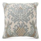 Aqua & Beige Damask Embroidered Pillow
