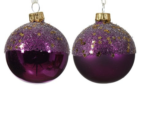 Sugared Purple Star Topped European Glass Ornaments, Set of 6