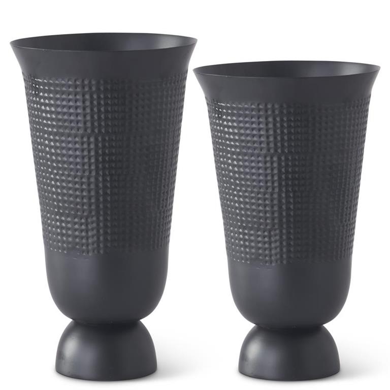 Set of 2 Textured Black Metal Fluted Vases