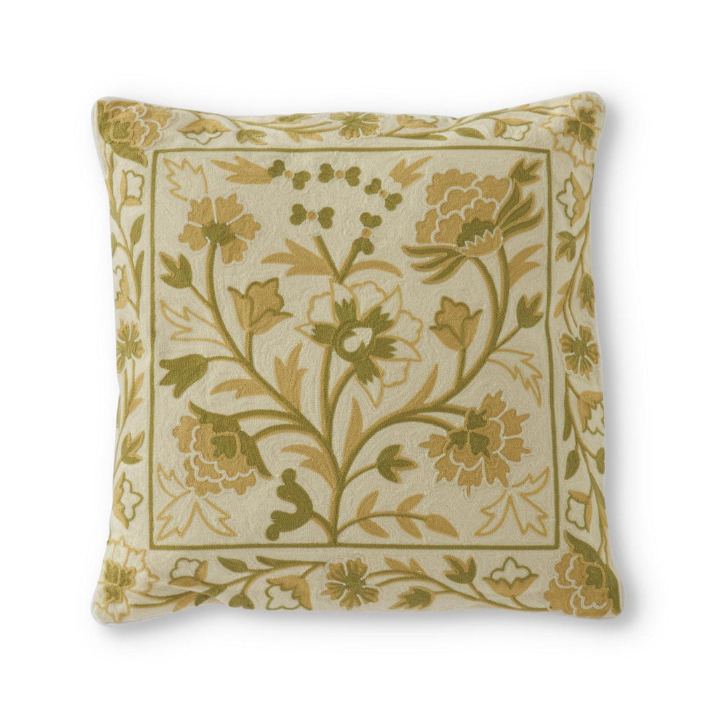 19" Square Hand Embroidered Cream & Green Floral Pillow