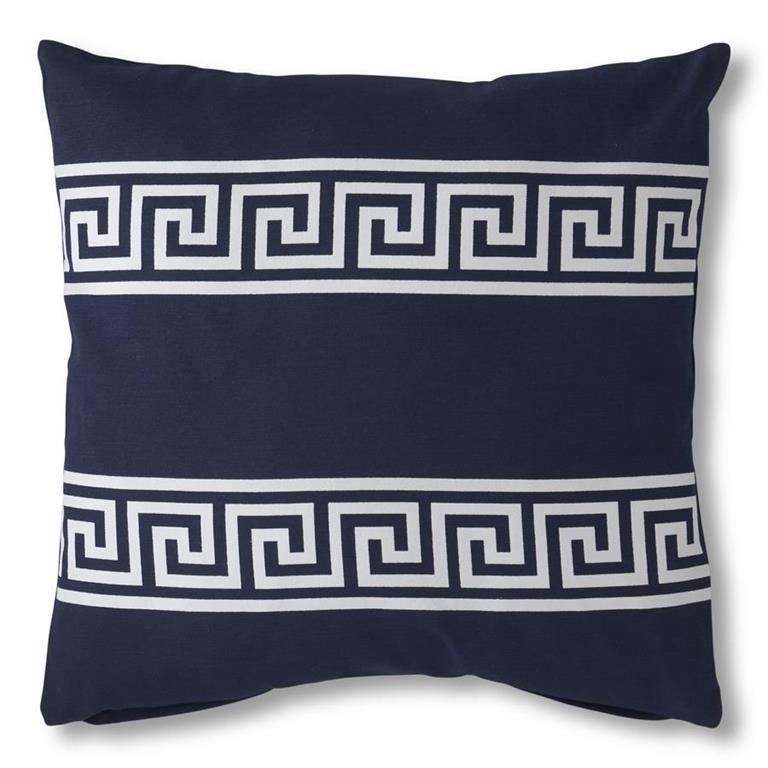 18" Square Cotton Navy Blue Pillow w/ White Double Greek Key Stripes
