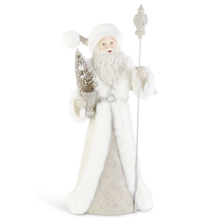 White Fur Trimmed Santa Holding Tree & Staff