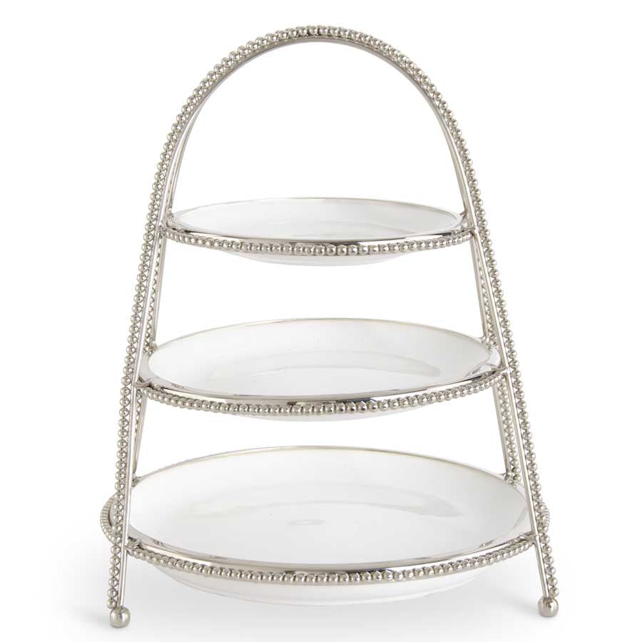 18 Inch White Ceramic 3 Tier Tray w/Silver Stainless Beaded Trim