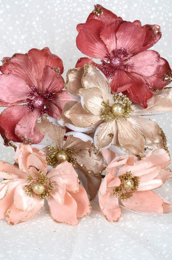 Pink Sparkling Magnolias with Clips, Set of 6