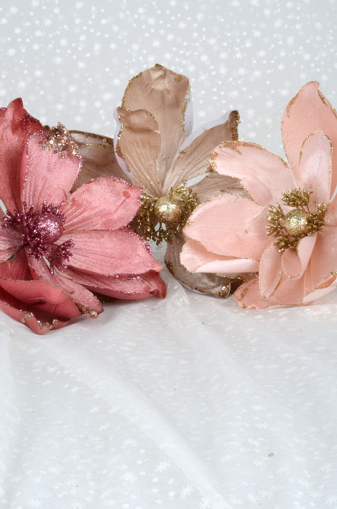 Pink Sparkling Magnolias with Clips, Set of 6