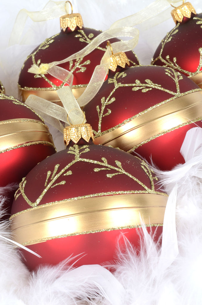Burgundy and Gold Branches and Band European Glass Ornaments, Set of 6