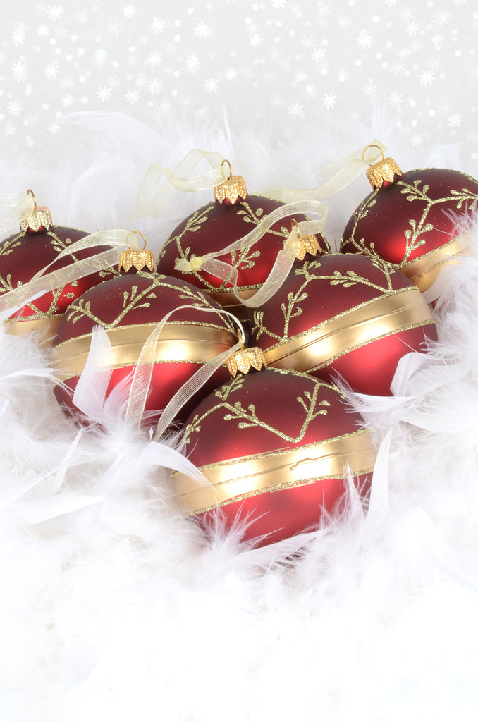 Burgundy and Gold Branches and Band European Glass Ornaments, Set of 6