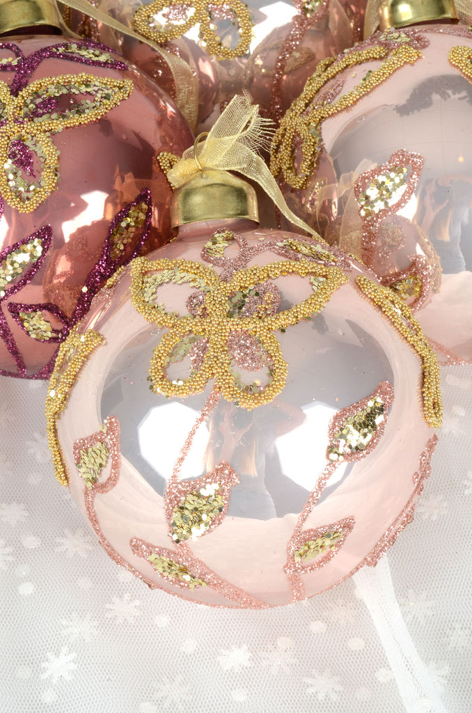 Blush and Velvet Pink Glittering Butterflies Glass Ornaments, Set of 6