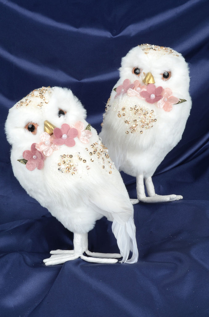 Sparkling White Owls with Flower Collars