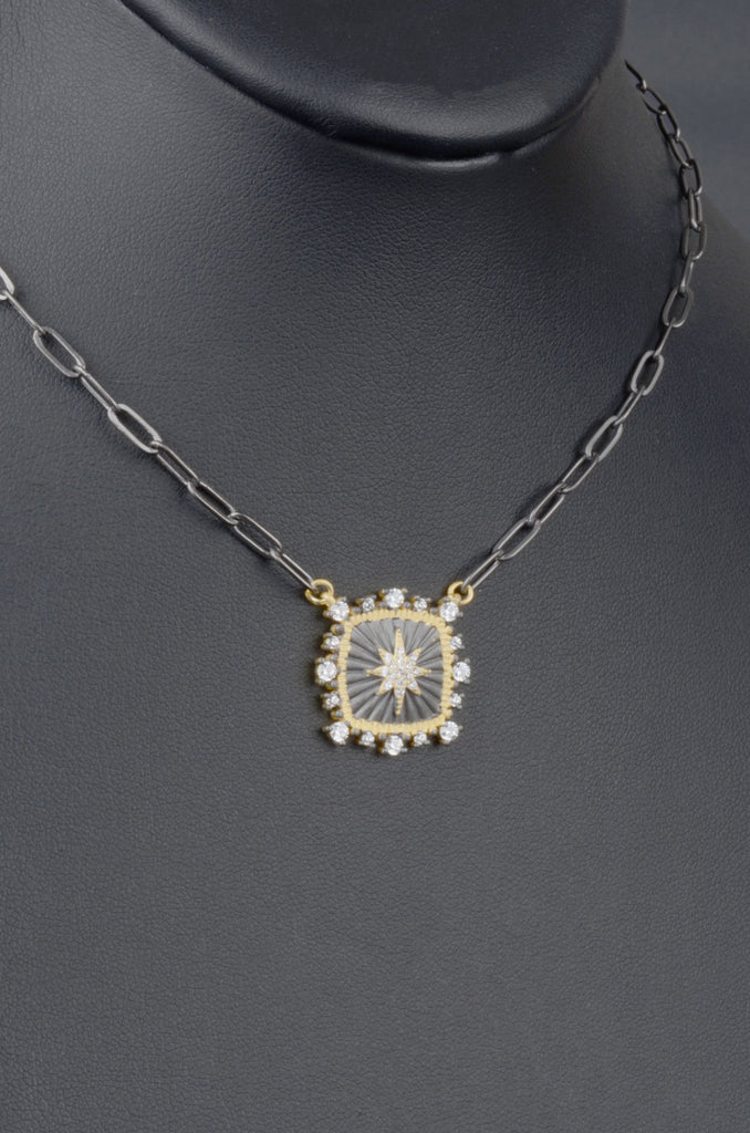 Designer Inspired Pave Starburst Cushion Paper Clip Chain Necklace