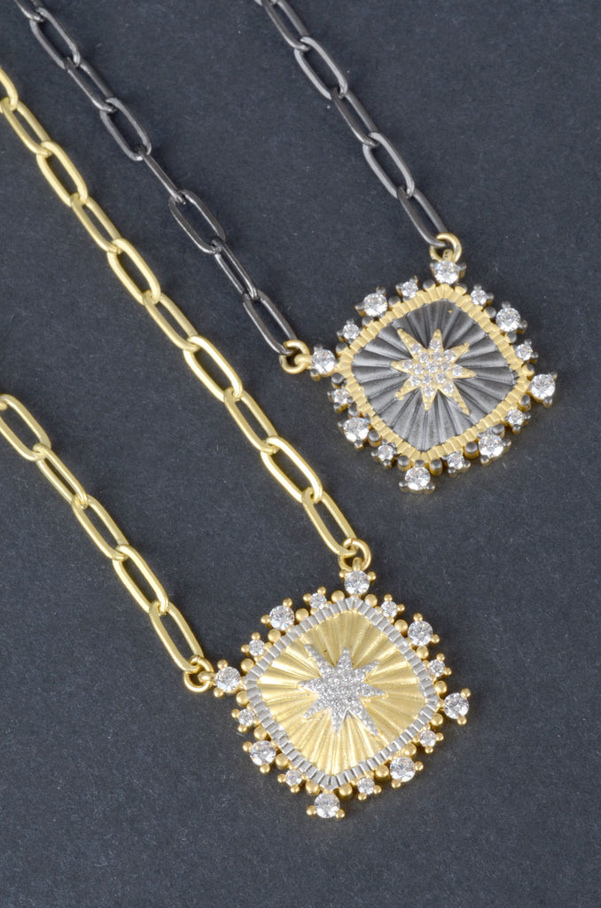Designer Inspired Pave Starburst Cushion Paper Clip Chain Necklace