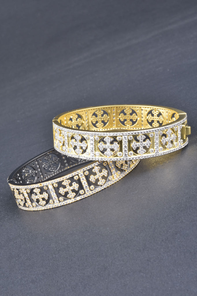 Handmade Pave Cross Hinged Bangle Bracelet