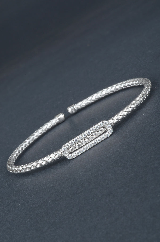 Italian Sterling Braided Woven Status Pave Oval Center Cuff Bracelet