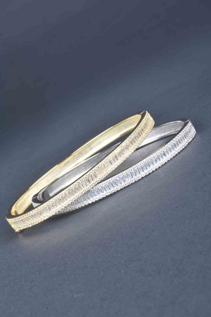 Baguette and Pave Border Hinged Bangle Bracelet