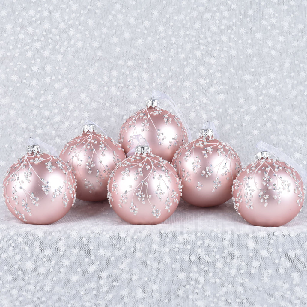 Pink Winter Blossoms European Glass Ornaments, set of 6