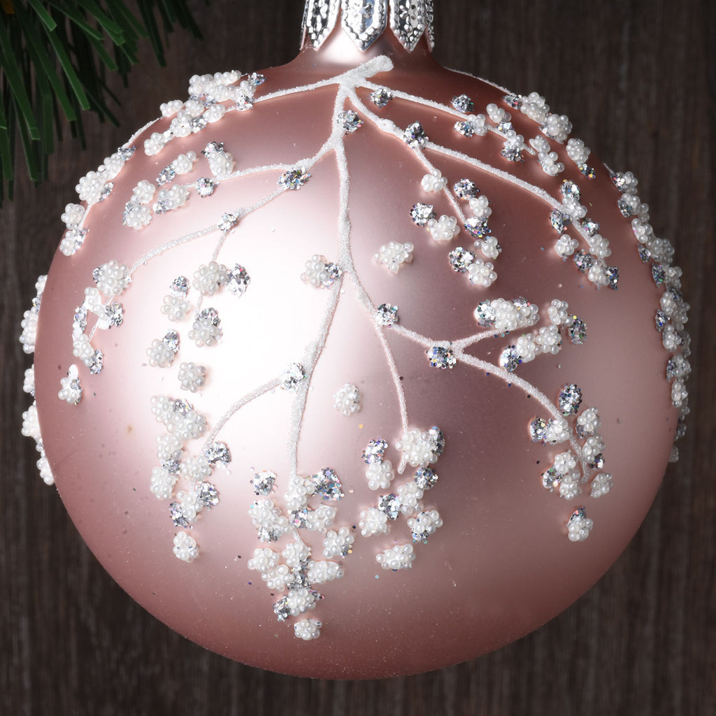 Pink Winter Blossoms European Glass Ornaments, set of 6