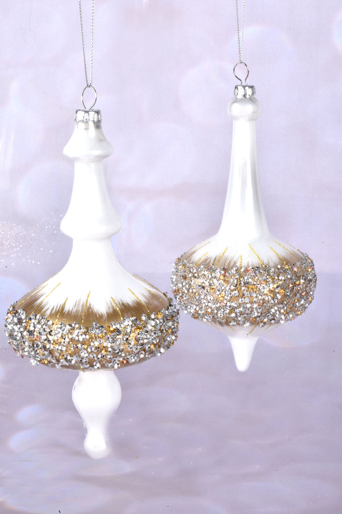Winter White and Gold Jeweled Finial Ornaments
