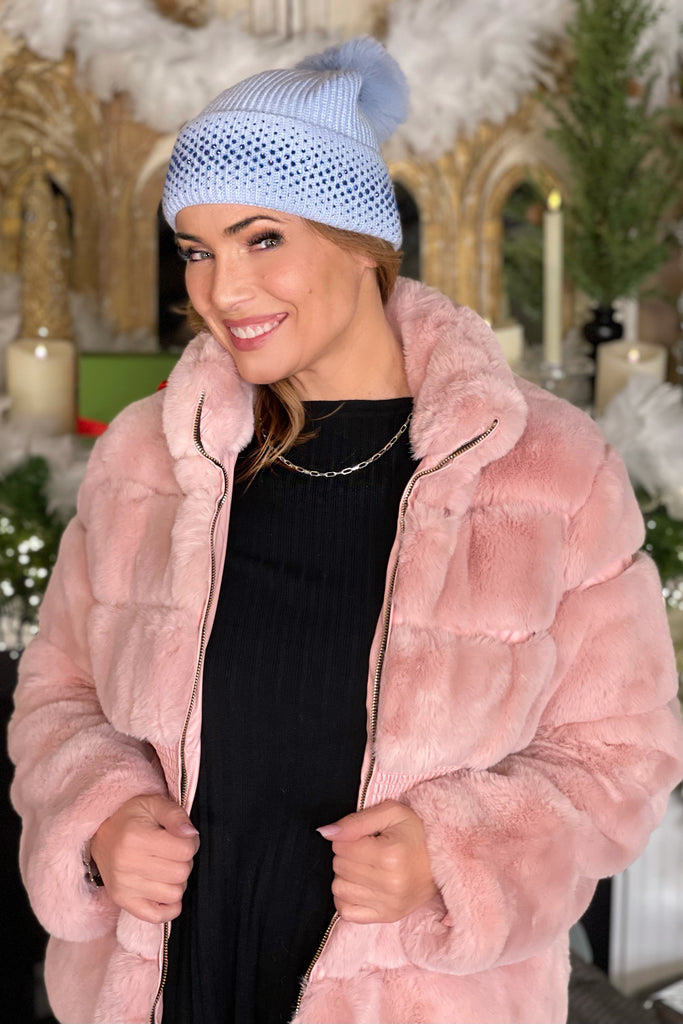 Pastel Pom Pom Winter Hat with Crystals