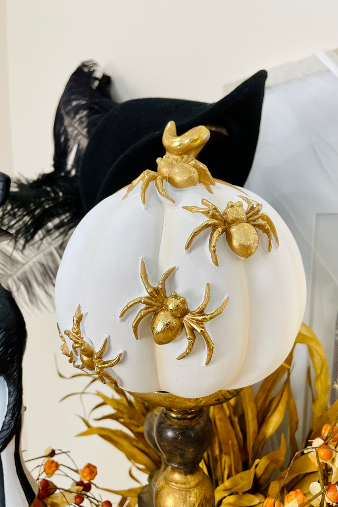7" White Pumpkin with Gold Spiders