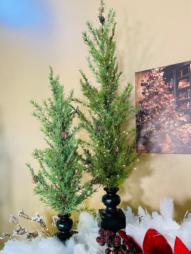 Set of 3 Pine Trees w/Mini Pinecones on Black Resin Spindles