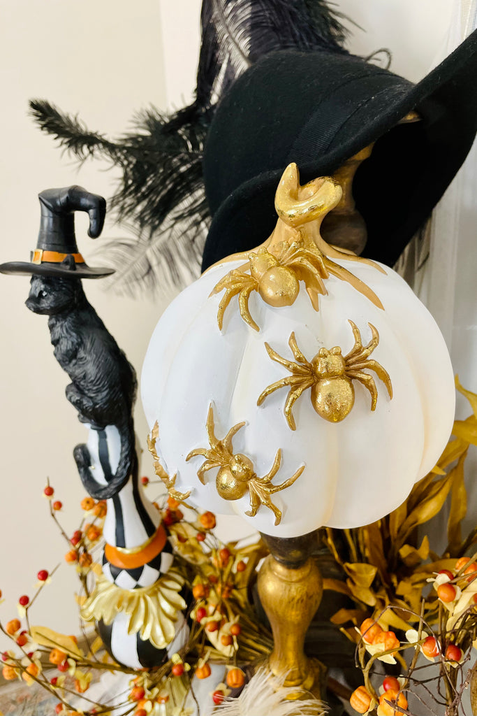 7" White Pumpkin with Gold Spiders
