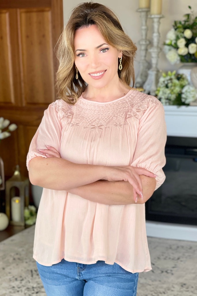 Embroidered 3/4 Sleeve Peasant Top