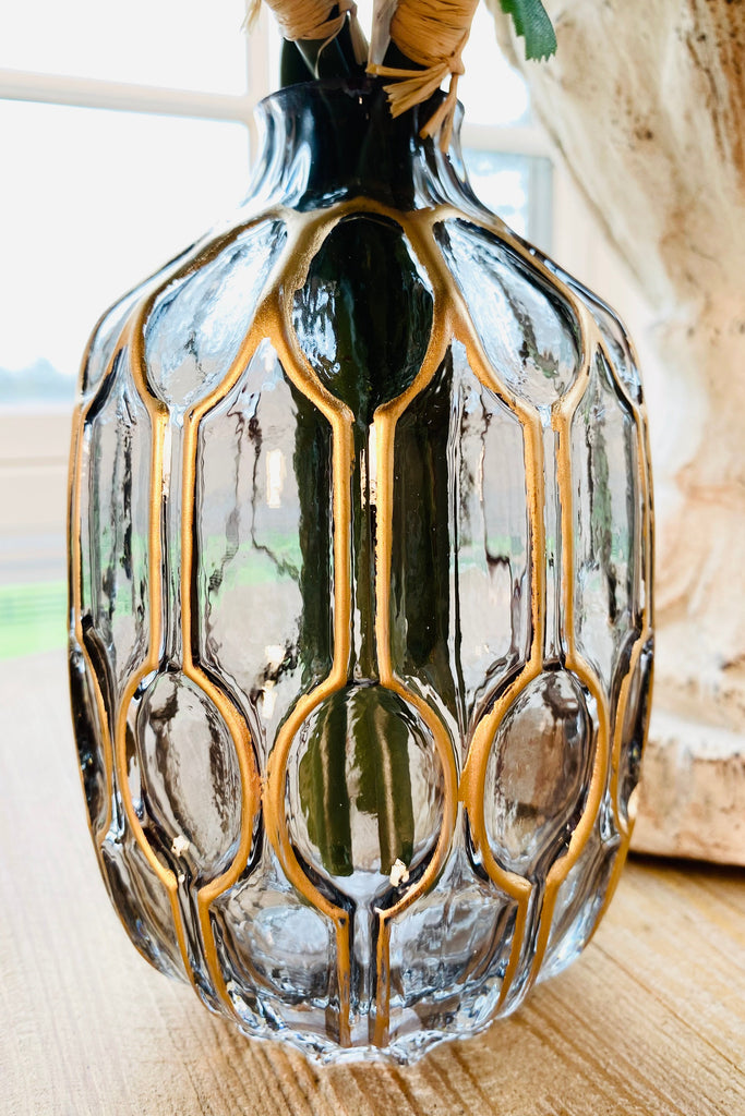 Set of 3 Smoked Glass Vases w/Gold Oval Pattern