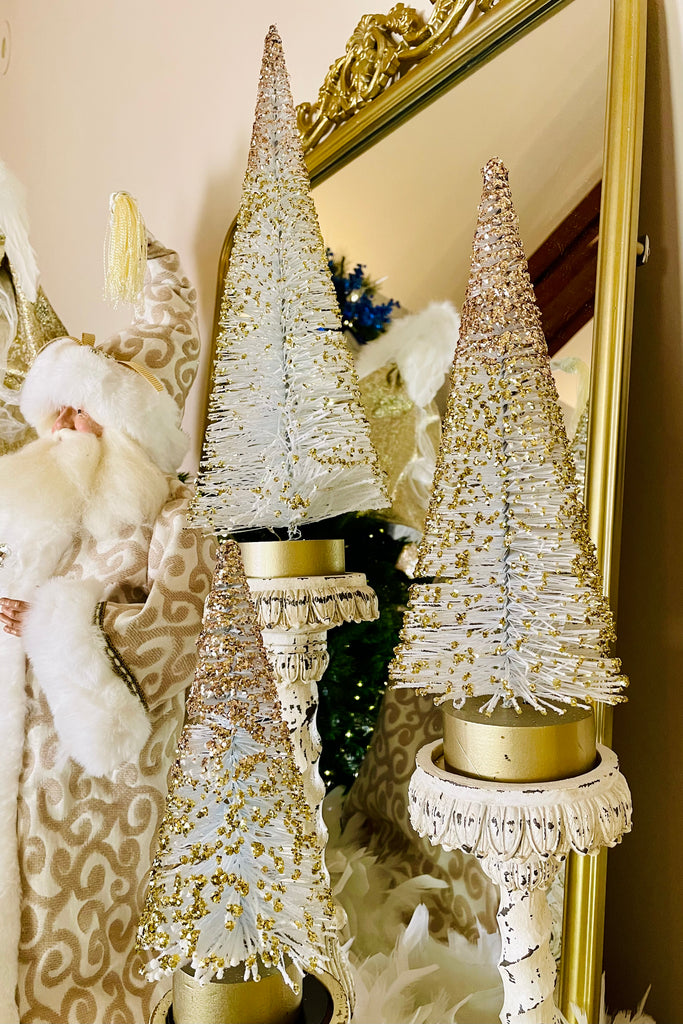 15" Lighted White Bottle Brush Trees with Gold Glitter, Set of 3