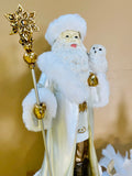 White & Gold Resin Santa w/Owl & Staff