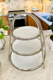 18 Inch White Ceramic 3 Tier Tray w/Silver Stainless Beaded Trim