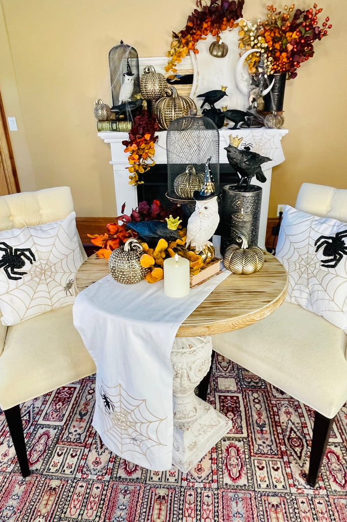 White Halloween Table Runner w/Embroidered Spiders & Web