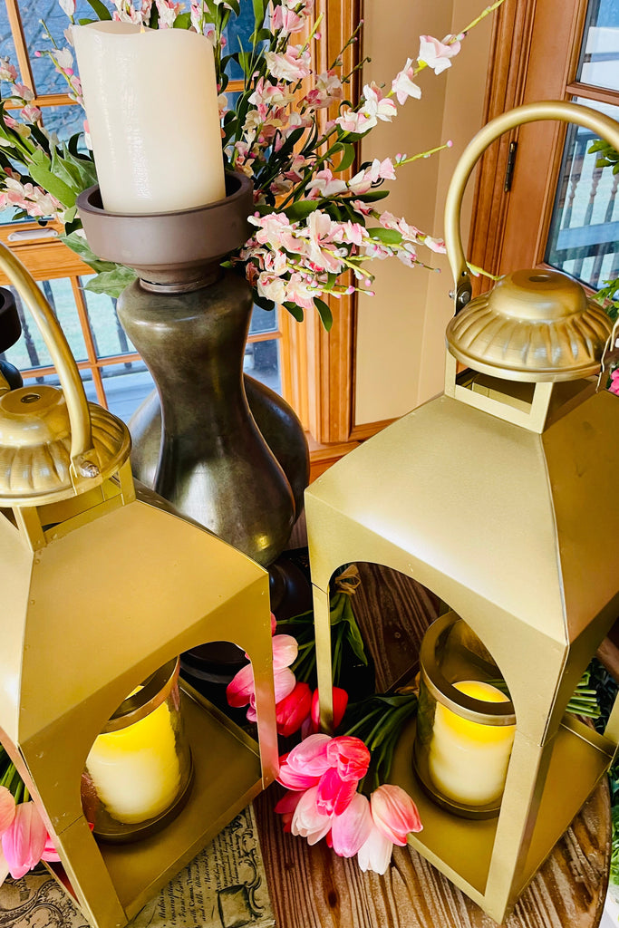 Gold Iron Lantern with Glass Hurricane, Choice of Sizes