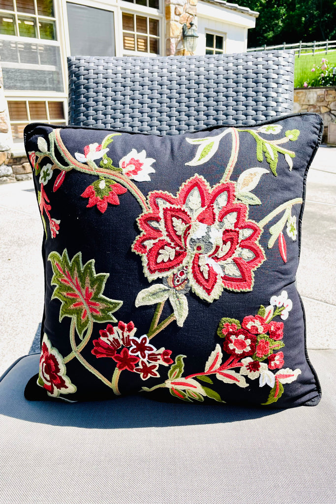 20" Square Black Cotton Pillow w/red Green Tan Embroidered Floral