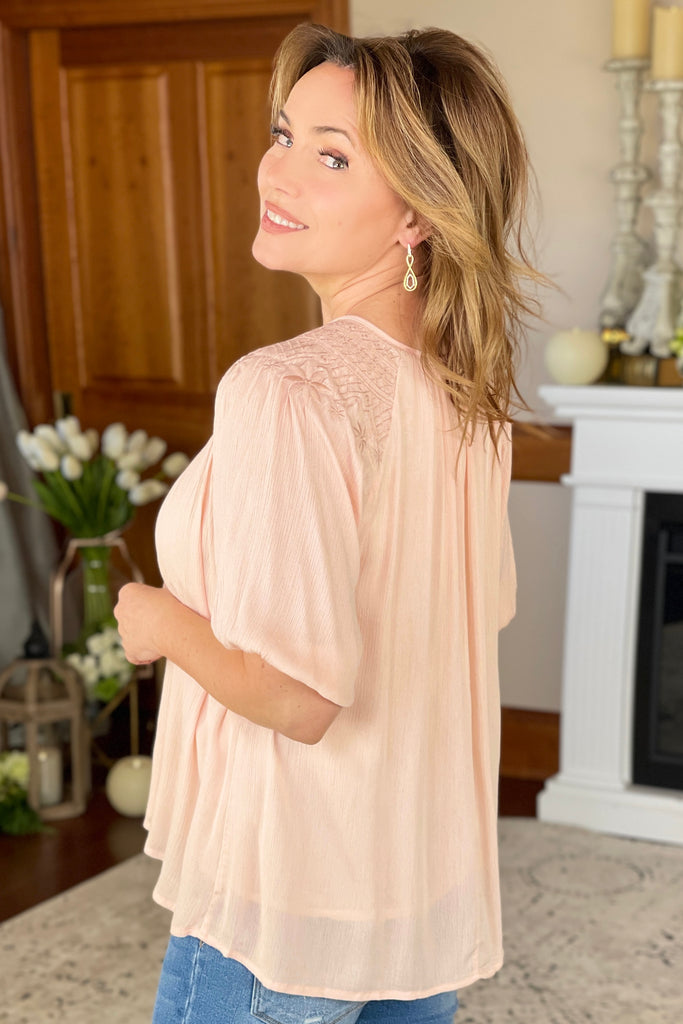 Embroidered 3/4 Sleeve Peasant Top