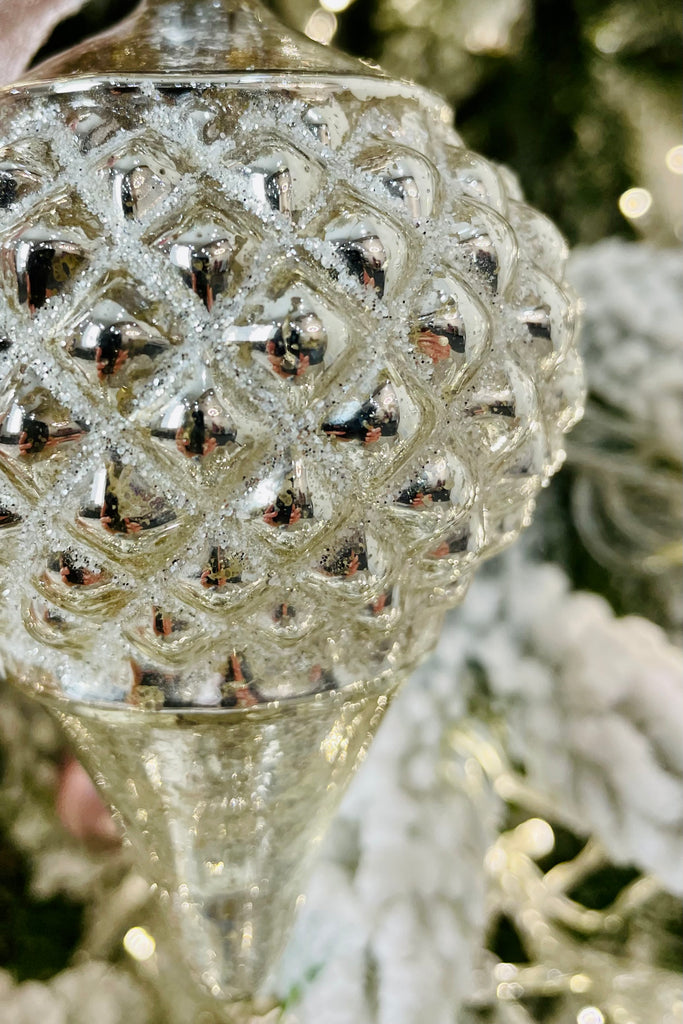 Glittered Silver Mercury Glass Acorn Shaped Ornaments, Set of 3