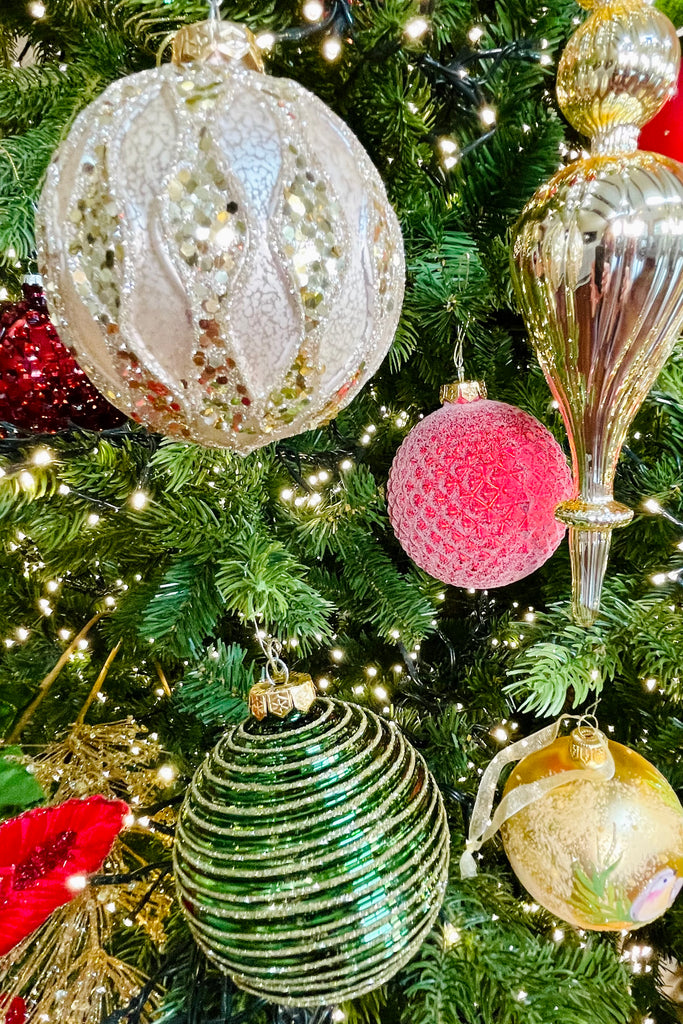 Large Dimensional Red, Green, and Pearl Glass Ornaments Set of 12