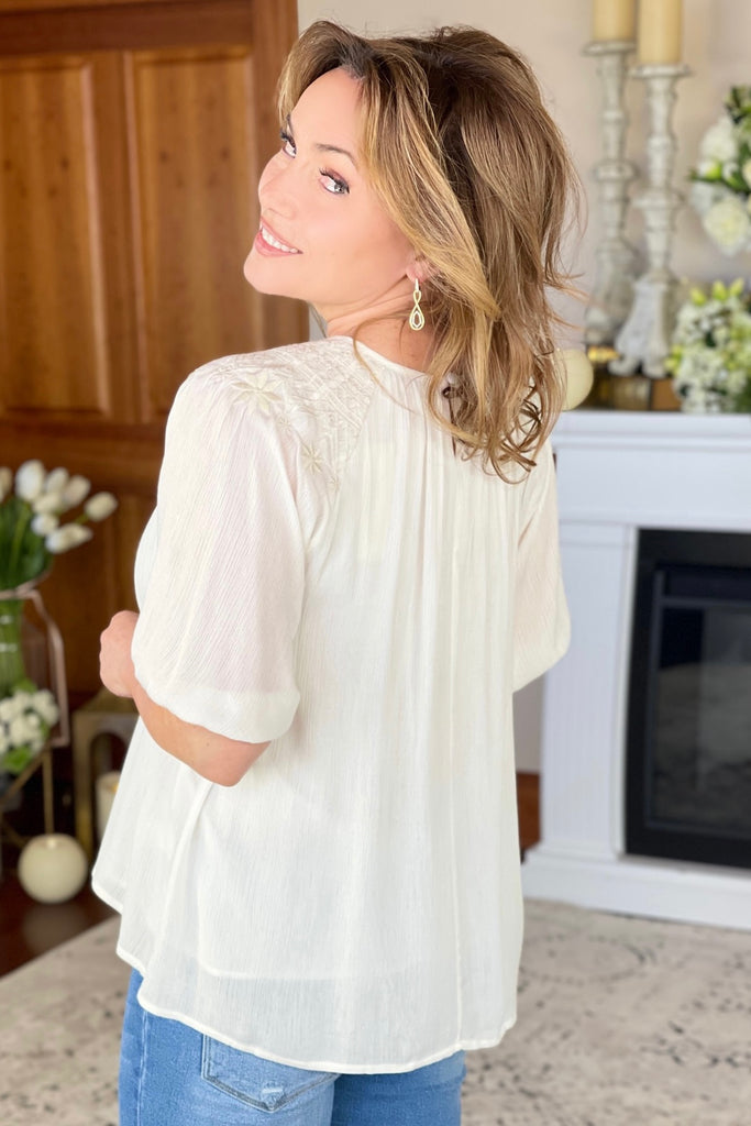 Embroidered 3/4 Sleeve Peasant Top