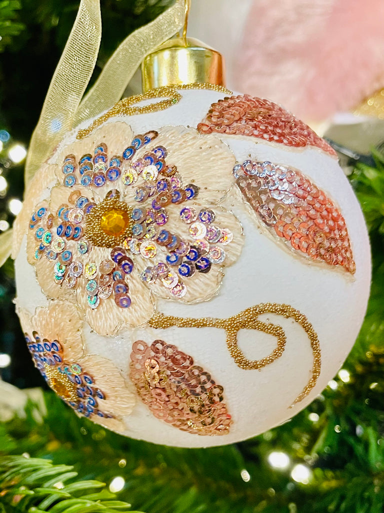 3'' Blush and Winter White Embroidered Flowers Glass Ornaments, Set of 6