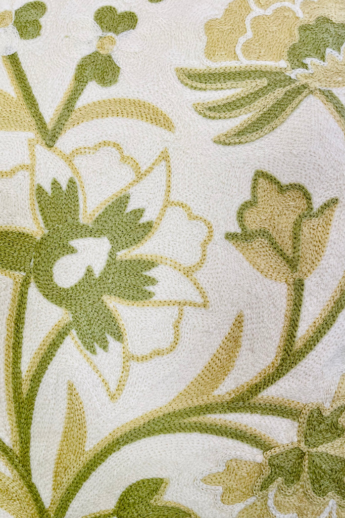 19" Square Hand Embroidered Cream & Green Floral Pillow