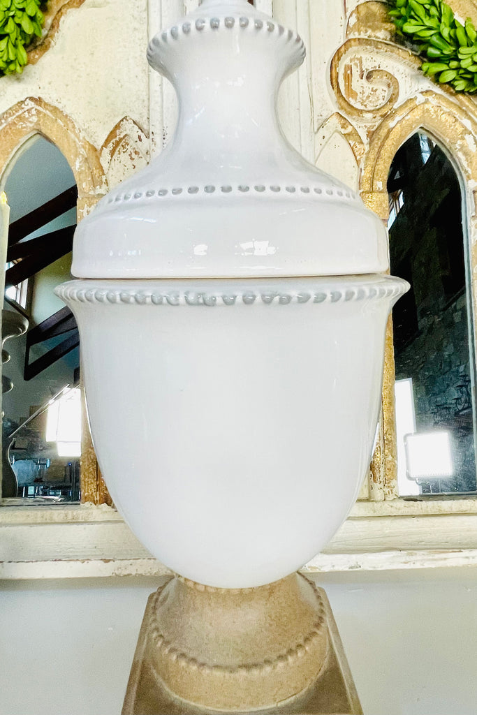17.5 Inch White Ceramic Lidded Urn w/Unglazed Base
