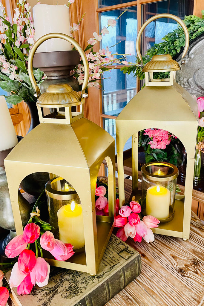 Gold Iron Lantern with Glass Hurricane, Choice of Sizes