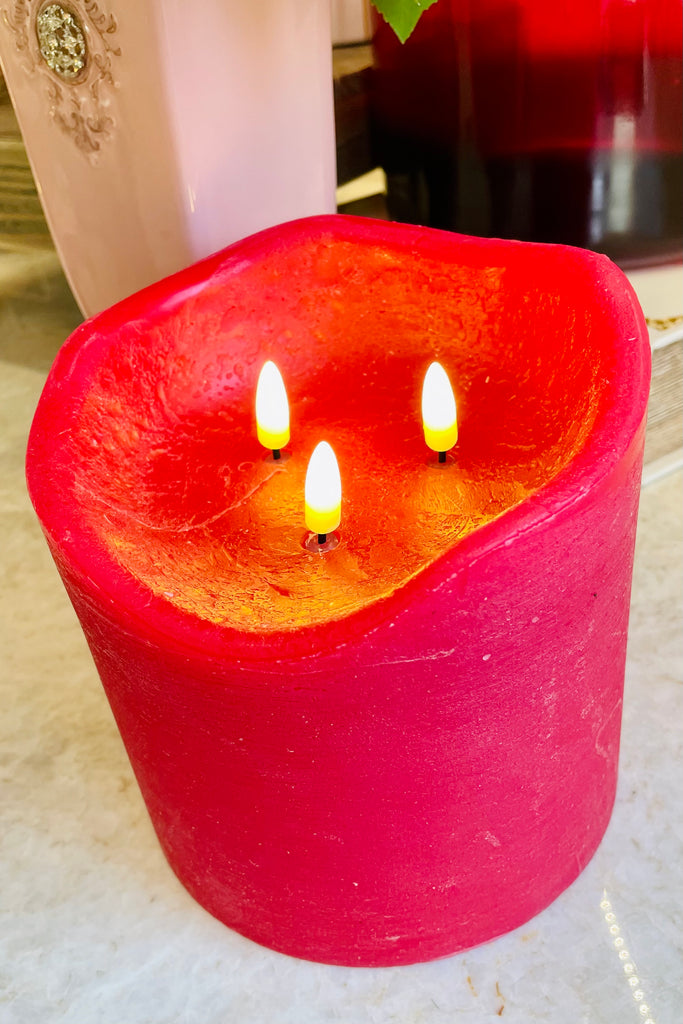 6" Triple Wick Red Wax Candle, LED Warm White Flame